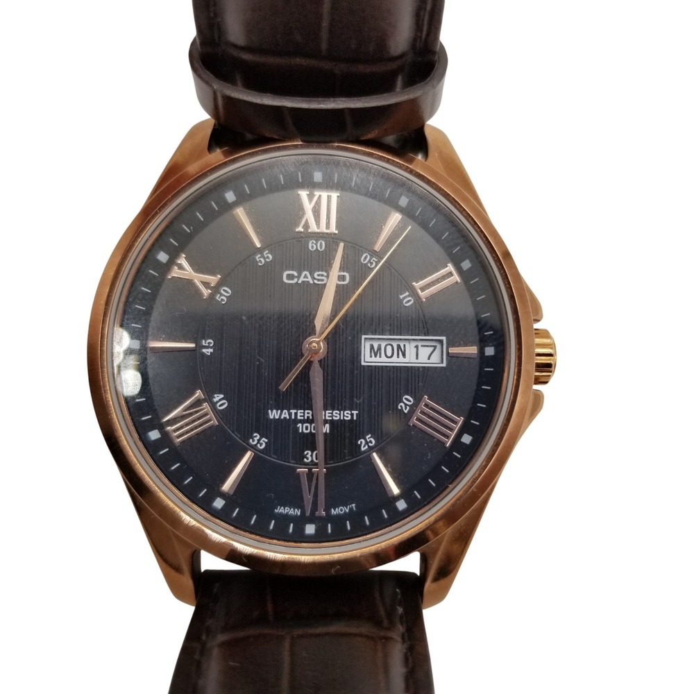 Casio Watch Men OS Brown Rose Gold MTP-1384 Leather Band Roman Numeral Dial